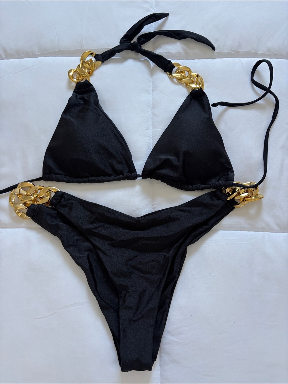 Gold-Accent Black Triangle Bikini Set